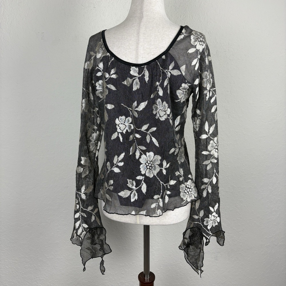 Vtg Y2K Size 8 Whimsigoth Blouse Flare Asymmetric Sleeve Floral Black Fairy Lace - Picture 6 of 7